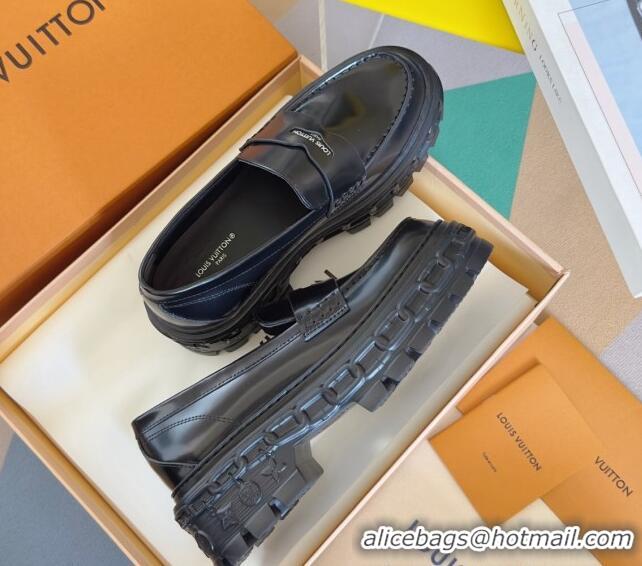 Grade Quality Louis Vuitton LV Record Platform Loafers in Glazed Leather Black 1224064