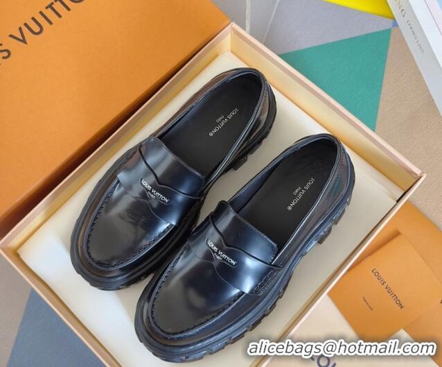 Grade Quality Louis Vuitton LV Record Platform Loafers in Glazed Leather Black 1224064