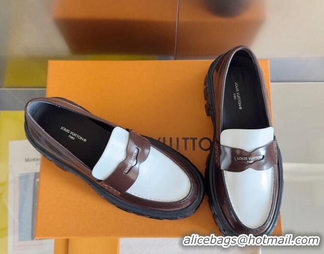 Good Looking Louis Vuitton LV Record Platform Loafers in Glazed Leather White/Brown 1224066