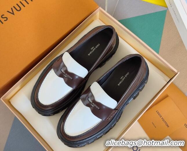 Good Looking Louis Vuitton LV Record Platform Loafers in Glazed Leather White/Brown 1224066