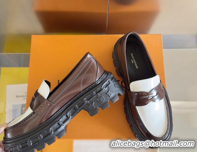 Good Looking Louis Vuitton LV Record Platform Loafers in Glazed Leather White/Brown 1224066