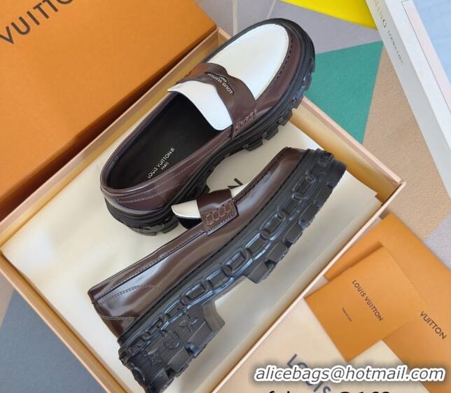 Good Looking Louis Vuitton LV Record Platform Loafers in Glazed Leather White/Brown 1224066