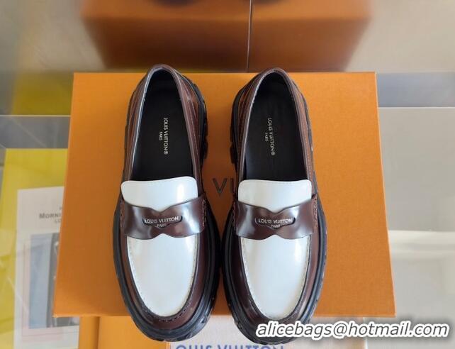 Good Looking Louis Vuitton LV Record Platform Loafers in Glazed Leather White/Brown 1224066