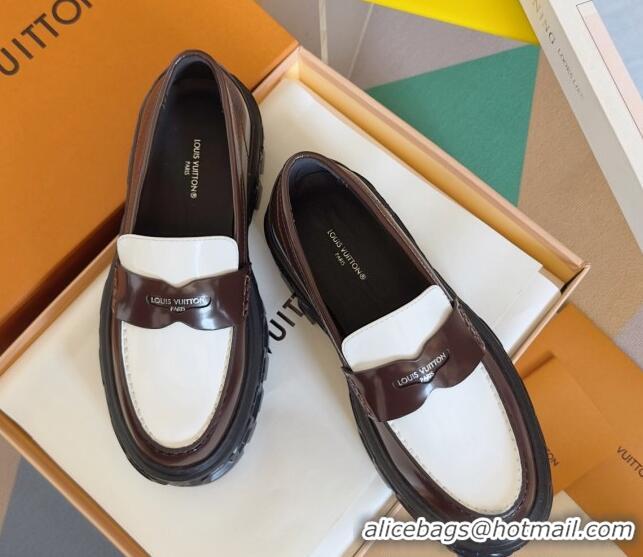 Good Looking Louis Vuitton LV Record Platform Loafers in Glazed Leather White/Brown 1224066