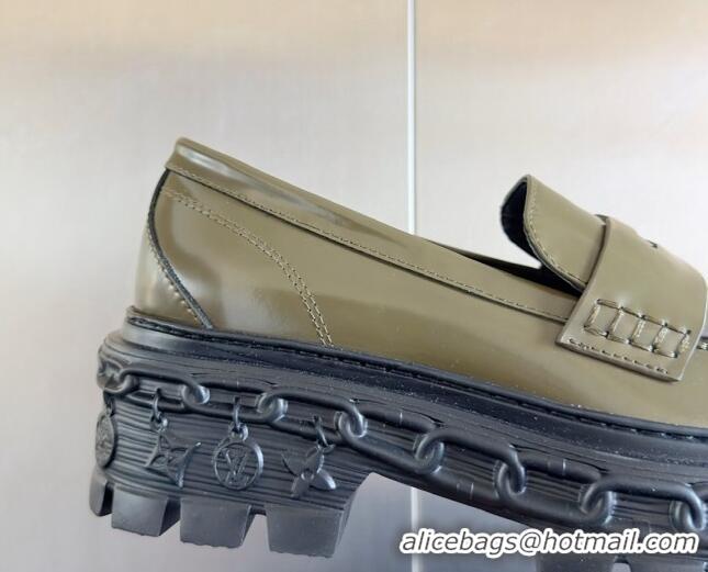 Popular Style Louis Vuitton LV Record Platform Loafers in Glazed Leather Green 1224067