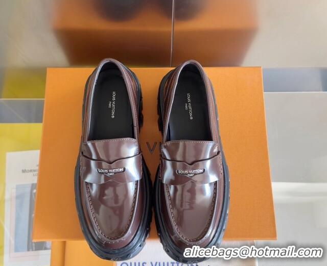 Best Product Louis Vuitton LV Record Platform Loafers in Glazed Leather Dark Brown 1224068