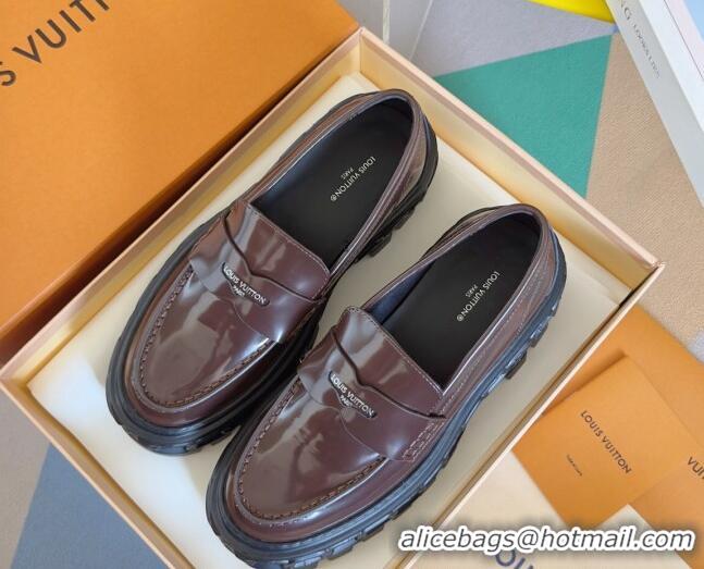 Best Product Louis Vuitton LV Record Platform Loafers in Glazed Leather Dark Brown 1224068