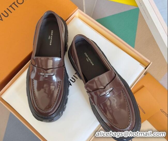 Best Product Louis Vuitton LV Record Platform Loafers in Glazed Leather Dark Brown 1224068