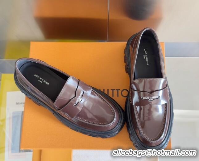 Best Product Louis Vuitton LV Record Platform Loafers in Glazed Leather Dark Brown 1224068