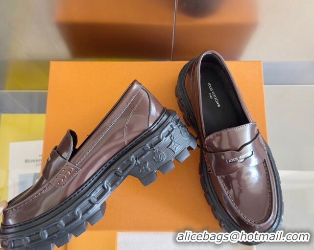 Best Product Louis Vuitton LV Record Platform Loafers in Glazed Leather Dark Brown 1224068