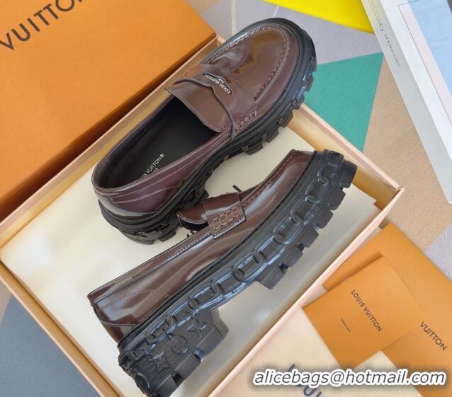 Best Product Louis Vuitton LV Record Platform Loafers in Glazed Leather Dark Brown 1224068