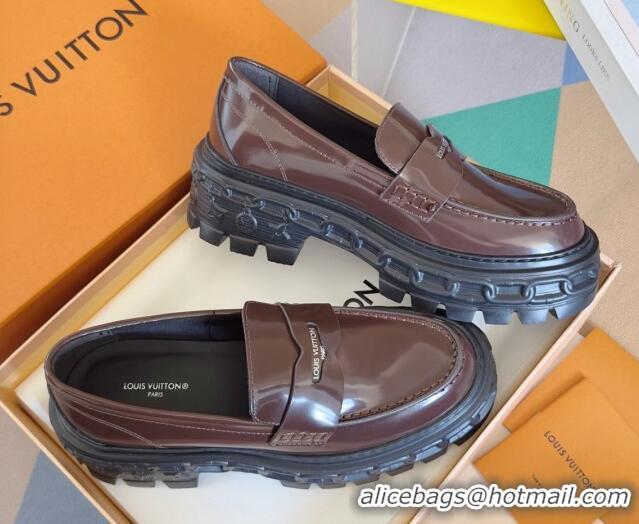 Best Product Louis Vuitton LV Record Platform Loafers in Glazed Leather Dark Brown 1224068