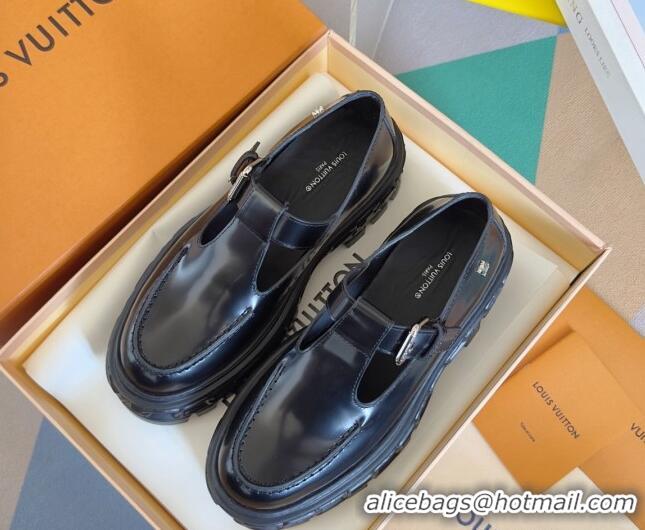 Best Price Louis Vuitton LV Record Mary Janes Loafers in Glazed Leather Black 1224069