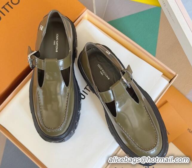 Top Grade Louis Vuitton LV Record Mary Janes Loafers in Glazed Leather Green 1224072