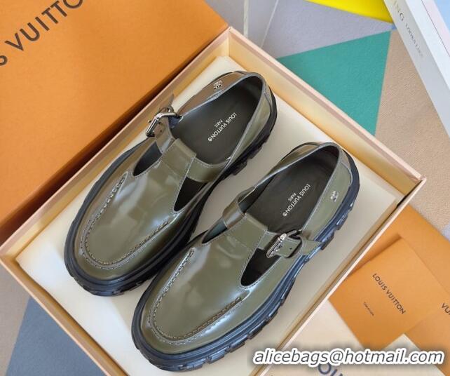 Top Grade Louis Vuitton LV Record Mary Janes Loafers in Glazed Leather Green 1224072