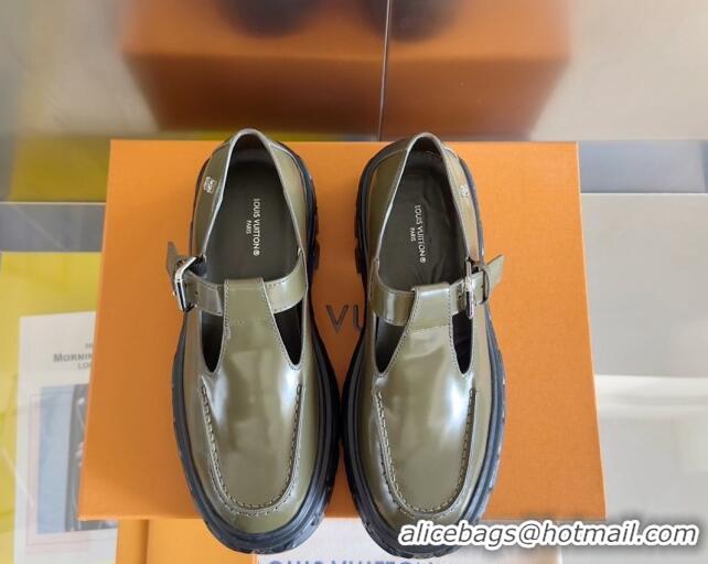 Top Grade Louis Vuitton LV Record Mary Janes Loafers in Glazed Leather Green 1224072