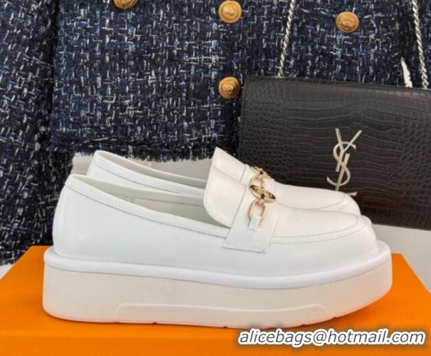 Shop Duplicate Louis Vuitton Platform Loafers in Calf Leather with LV Chain White 1224075