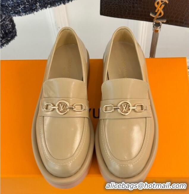 Luxurious Louis Vuitton Platform Loafers in Calf Leather LV Chain Beige 1224076