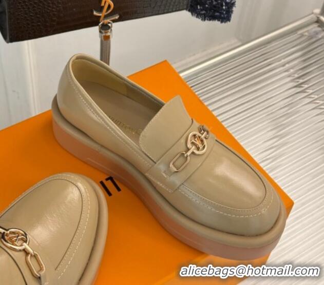 Luxurious Louis Vuitton Platform Loafers in Calf Leather LV Chain Beige 1224076