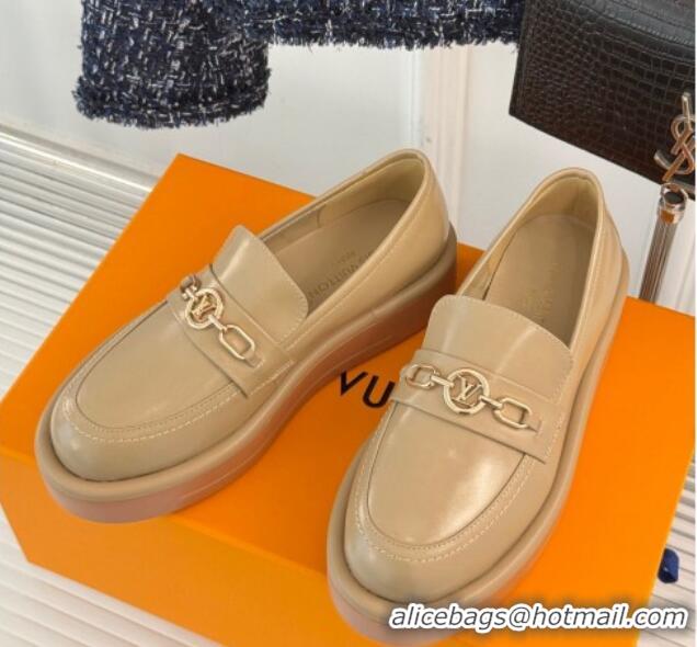 Luxurious Louis Vuitton Platform Loafers in Calf Leather LV Chain Beige 1224076