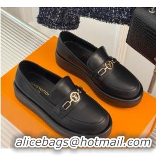 Most Popular Louis Vuitton Platform Loafers in Calf Leather with LV Chain Black 1224077