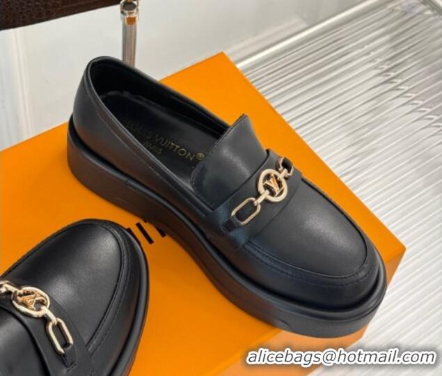 Most Popular Louis Vuitton Platform Loafers in Calf Leather with LV Chain Black 1224077