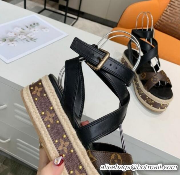 Luxurious Louis Vuitton Platform Sandals in in Monogram Canvas & Leather Black 022015