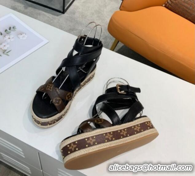 Luxurious Louis Vuitton Platform Sandals in in Monogram Canvas & Leather Black 022015