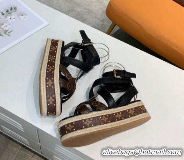 Luxurious Louis Vuitton Platform Sandals in in Monogram Canvas & Leather Black 022015