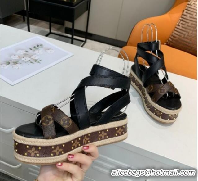 Luxurious Louis Vuitton Platform Sandals in in Monogram Canvas & Leather Black 022015