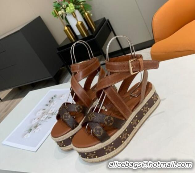 Charming Louis Vuitton Platform Sandals in in Monogram Canvas & Leather Brown 5022014