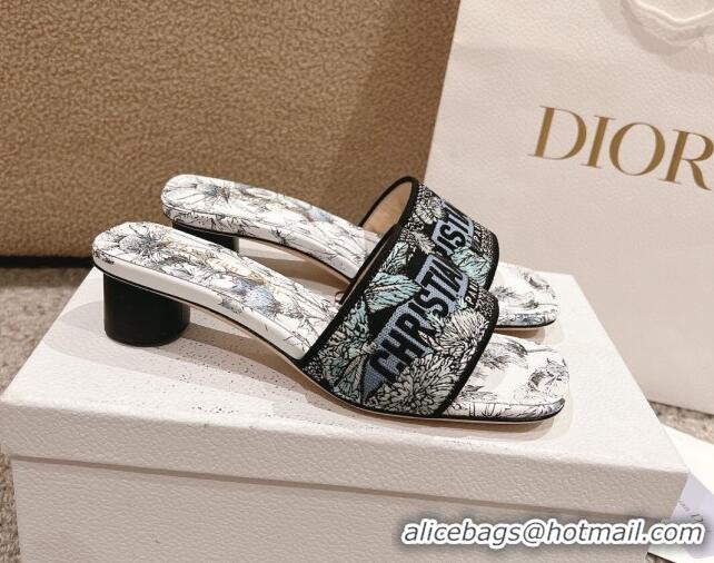 Luxurious Dior Dway Heel Slides Sandal 3.5cm in White and Blue Embroidered Cotton with Pietro Ruffo's Dior Chardons Moti