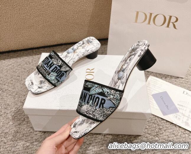 Luxurious Dior Dway Heel Slides Sandal 3.5cm in White and Blue Embroidered Cotton with Pietro Ruffo's Dior Chardons Moti