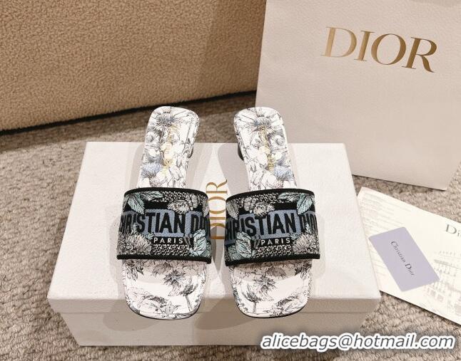 Luxurious Dior Dway Heel Slides Sandal 3.5cm in White and Blue Embroidered Cotton with Pietro Ruffo's Dior Chardons Moti