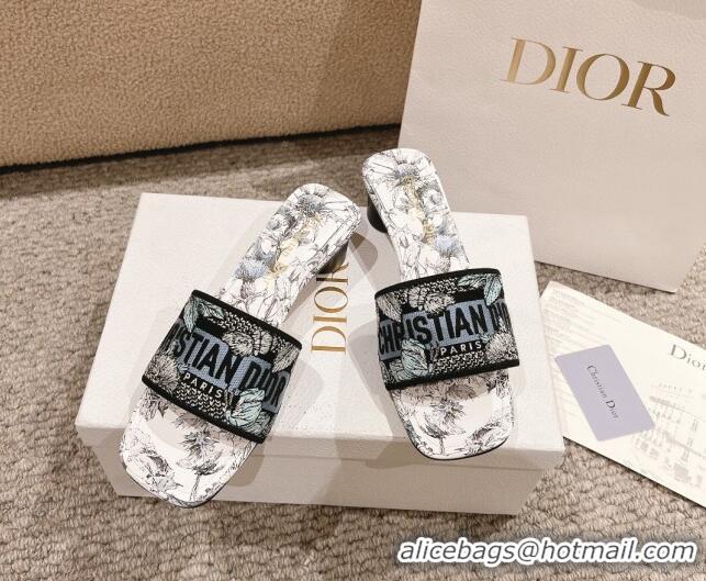 Luxurious Dior Dway Heel Slides Sandal 3.5cm in White and Blue Embroidered Cotton with Pietro Ruffo's Dior Chardons Moti