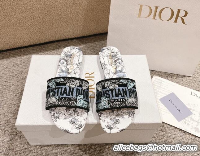 Good Product Dior Dway Flat Slides Sandal in White and Blue Embroidered Cotton with Pietro Ruffo's Dior Chardons Motif 1