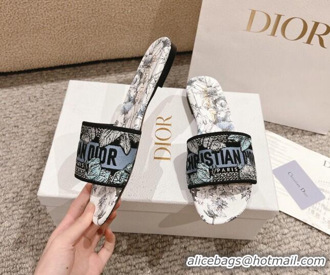 Good Product Dior Dway Flat Slides Sandal in White and Blue Embroidered Cotton with Pietro Ruffo's Dior Chardons Motif 1