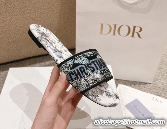 Good Product Dior Dway Flat Slides Sandal in White and Blue Embroidered Cotton with Pietro Ruffo's Dior Chardons Motif 1