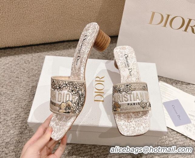 Grade Quality Dior Dway Heel Slides Sandal 3.5cm in Cotton Embroidered with Metallic Thread and Gold-Tone Millefiori Uni