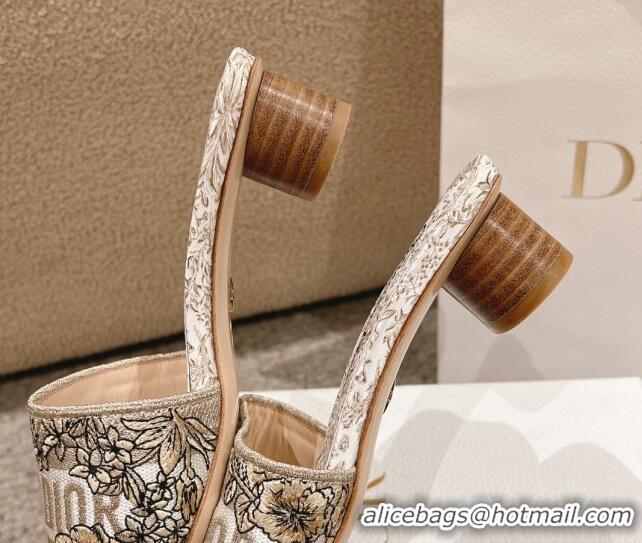 Grade Quality Dior Dway Heel Slides Sandal 3.5cm in Cotton Embroidered with Metallic Thread and Gold-Tone Millefiori Uni