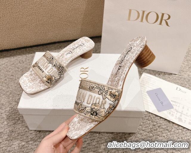 Grade Quality Dior Dway Heel Slides Sandal 3.5cm in Cotton Embroidered with Metallic Thread and Gold-Tone Millefiori Uni