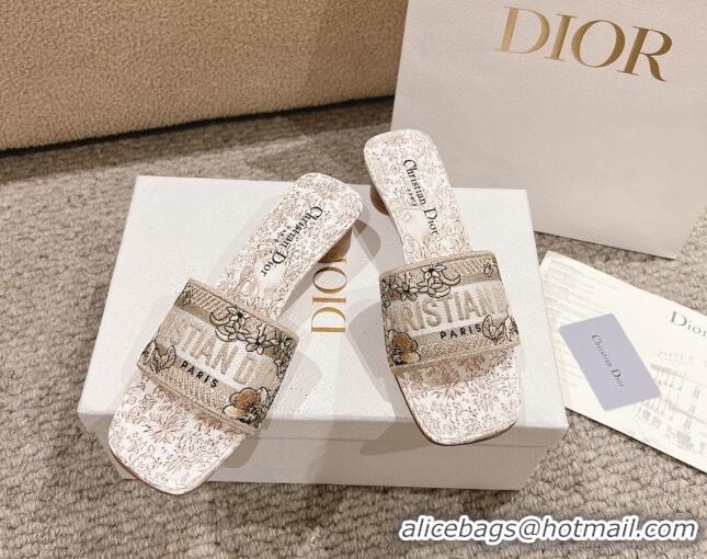 Grade Quality Dior Dway Heel Slides Sandal 3.5cm in Cotton Embroidered with Metallic Thread and Gold-Tone Millefiori Uni