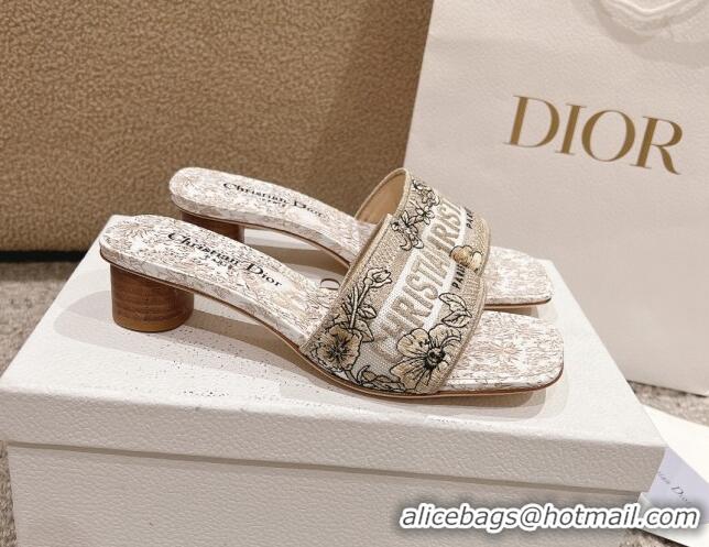 Grade Quality Dior Dway Heel Slides Sandal 3.5cm in Cotton Embroidered with Metallic Thread and Gold-Tone Millefiori Uni