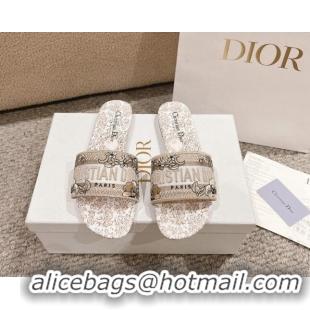 Pretty Style Dior Dway Flat Slides Sandal in Cotton Embroidered with Metallic Thread and Gold-Tone Millefiori Unicorn Mo