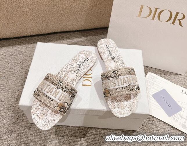 Pretty Style Dior Dway Flat Slides Sandal in Cotton Embroidered with Metallic Thread and Gold-Tone Millefiori Unicorn Mo