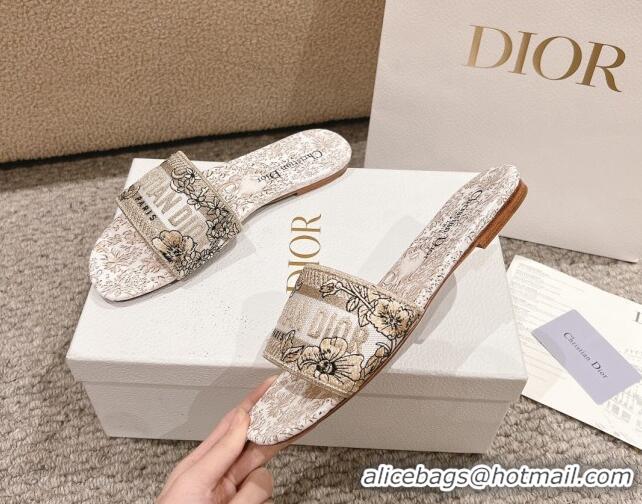 Pretty Style Dior Dway Flat Slides Sandal in Cotton Embroidered with Metallic Thread and Gold-Tone Millefiori Unicorn Mo