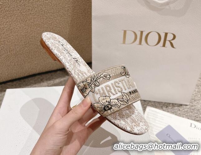 Pretty Style Dior Dway Flat Slides Sandal in Cotton Embroidered with Metallic Thread and Gold-Tone Millefiori Unicorn Mo