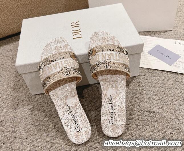 Pretty Style Dior Dway Flat Slides Sandal in Cotton Embroidered with Metallic Thread and Gold-Tone Millefiori Unicorn Mo