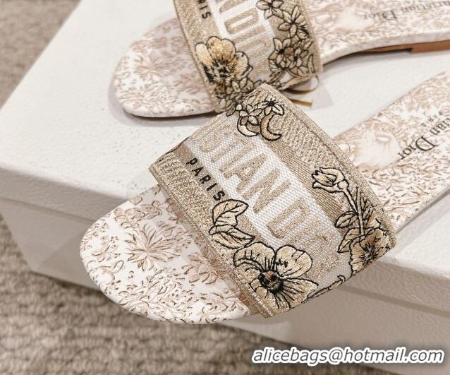 Pretty Style Dior Dway Flat Slides Sandal in Cotton Embroidered with Metallic Thread and Gold-Tone Millefiori Unicorn Mo