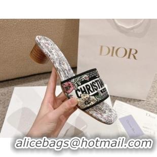 Best Grade Dior Dway Heel Slides Sandal 3.5cm in Embroidered Cotton and White Multicolor Millefiori Unicorn Motif 123100